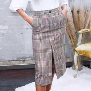 BOUTIQUE Lush Women's Preppy Office Chic Olive Coral Plaid Midi Wool Skirt Sz M